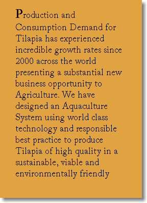 Production and Consumption Demand for Tilapia has experienced incredible growth rates since 2000 across the world presenting a substantial new business opportunity to Agriculture. We have designed an Aquaculture System using world class technology and responsible best practice to produce Tilapia of high quality in a sustainable, viable and environmentally friendly